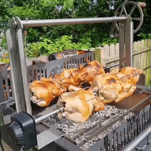6 big rotisserie chickens on the Ember Legacy Argentinian-style BBQ grill