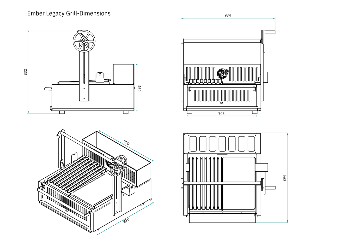 Technical drawing of Ember Legacy Grill with dimensions on a white background