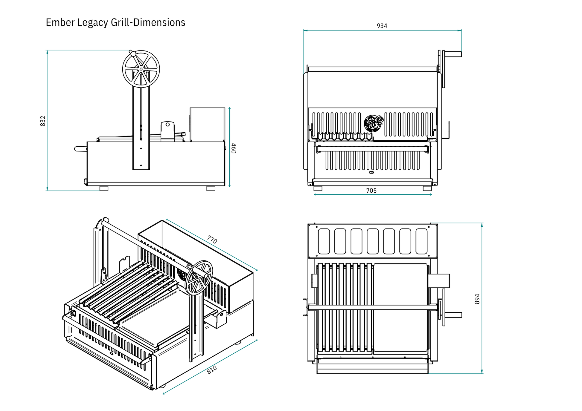 Technical drawing of Ember Legacy Grill with dimensions on a white background