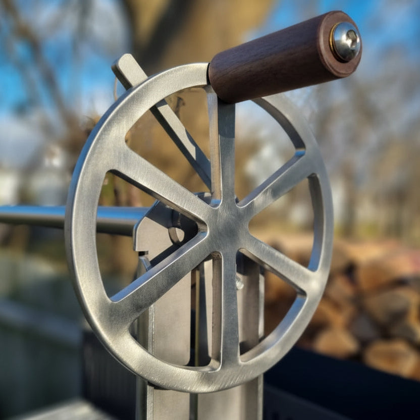 North American black walnut crank handle for the stainless steel spindle wheel.