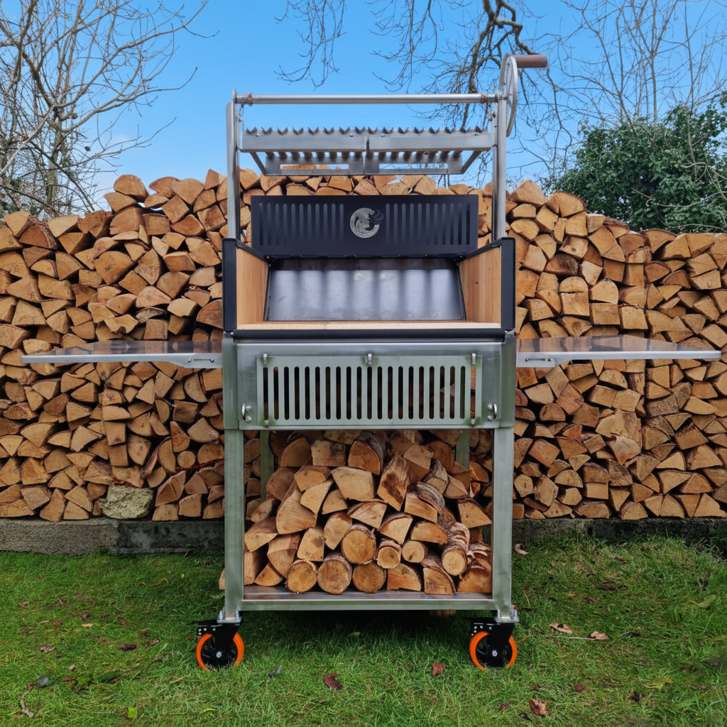 An Argentinian grill sat upon a stainless steel cart with twin fold-out tables with a backdrop of logs