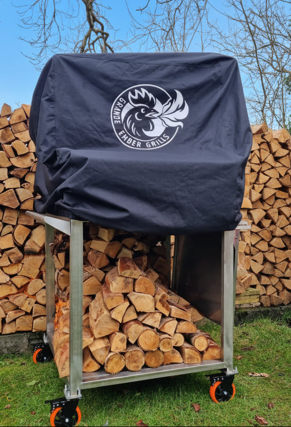 Grande Ember Grills Ember Legacy complete with Grill Cart and BBQ Cover with a log background