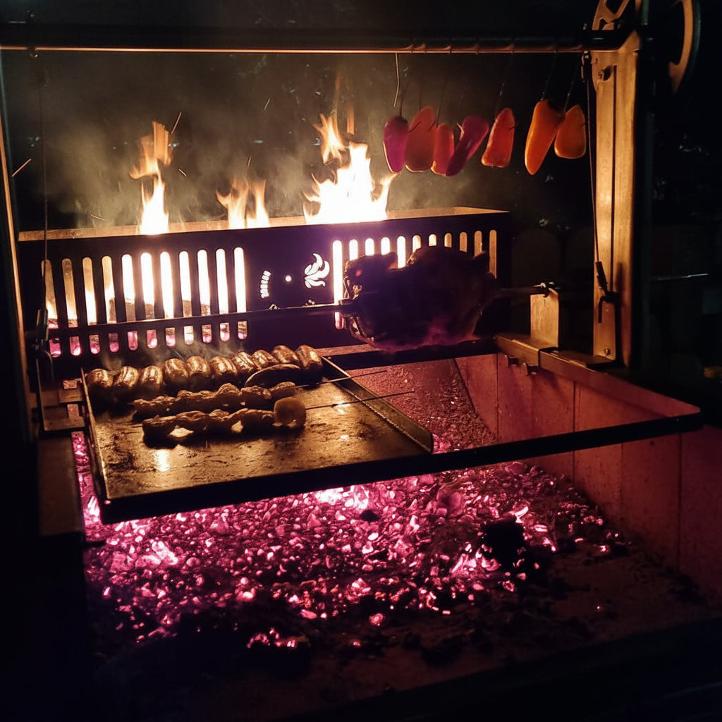 Argentinian grill full of fire and meat filling the air with smoke and heat