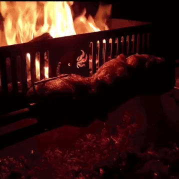 Three fat chickens spinning slowly over smoking hardwood coals